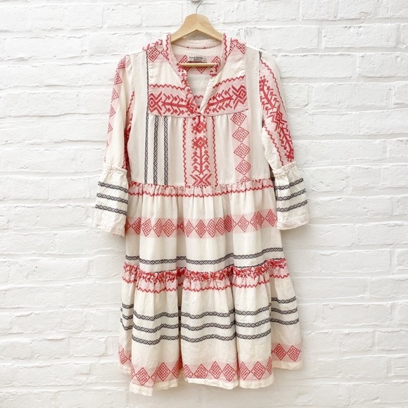 Haris Cotton || Tiered Embroidered Cotton Dress Sleeves Greece Cream Red Small - Picture 1 of 8